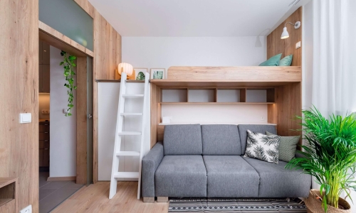 Clever gestalteter Wohnraum mit grauem Sofa, integrierter Holzstruktur und Hochbett – ideal für kleine Apartments mit modernem Stil.